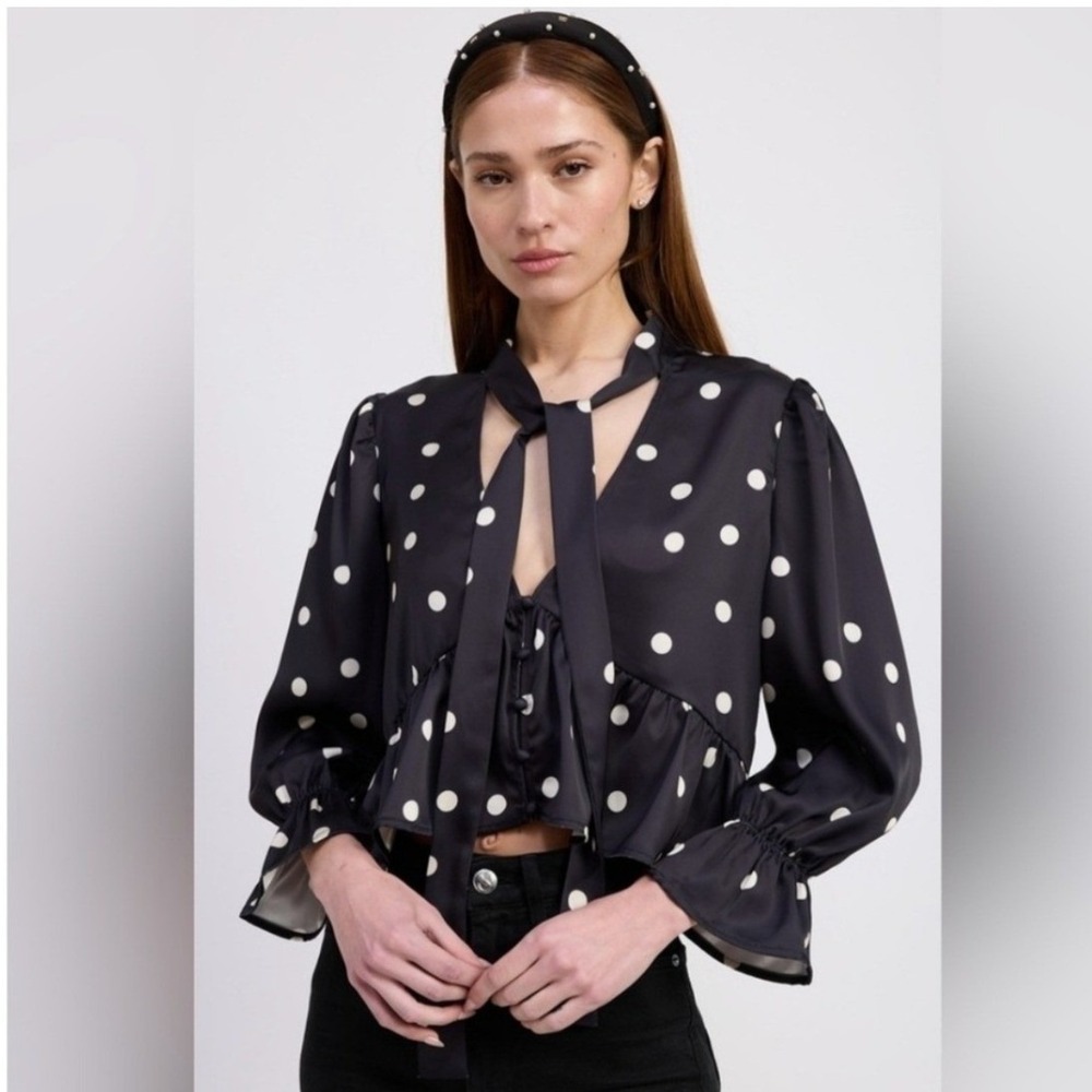 En Saison Blouse Floretta XS Black White Polka Dot Tie Neck Peplum Ruffle Cuff